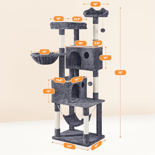 Yaheetech 73inch Cat Tree, Cat Stand Furniture with Scratching Posts Perches Hammock as Indoor Kittens Activity Center - color: Dark Gray, size: 73in