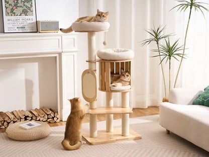 Modern Solid Wood Cat Tree for Indoor Cats Large Adult, 50in Tall Cat Tower with Sisal Scratching Posts, Cat Scratcher Cardboard, Cozy Cat Beds Cave Condo, Multi-Level Cat Furniture - color: Natural