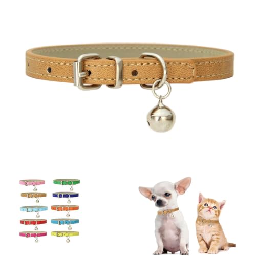 Khaki Puppy Collar with Bell, Boy XXS Dog Collar Bell Collar for Cats, Faux Leather PU Adjustable for XXS Xs Small Pet Dogs Animal Kitten Litter Tiny Male,XXSmall - color: Khaki, size: XXS for Neck 5"-8"