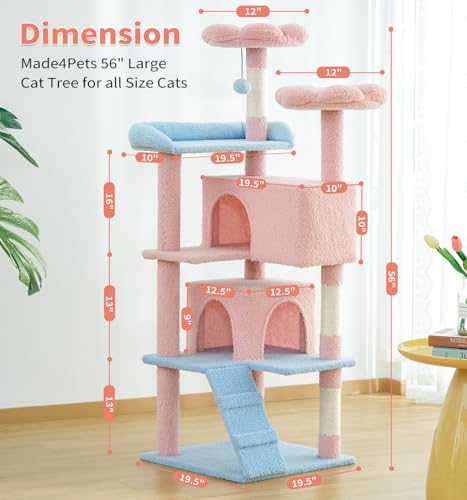 Made4Pets Cat Tree Tower 56" Cat Tower for Indoor Cats Kitten Tree Multi-Level Cat Tree with 2 Condo Furniture Activity Center with Scratching Posts Funny Toys (Pink Flower Blue) - color: Pink Flower Blue