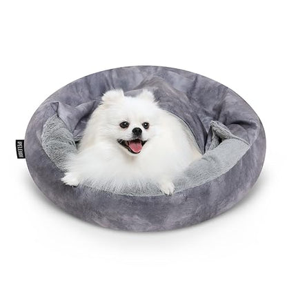 Cozy Soft Dog Bed with Hooded Blanket Warm Calming Cat Cave for Small Medium Dogs and Cats, Non-Slip Bottom & Machine Washable Pet Beds, Grey 23x23x6″ - color: Grey, size: Small(23"x23"x6")