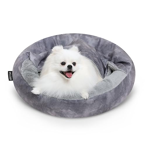 Cozy Soft Dog Bed with Hooded Blanket Warm Calming Cat Cave for Small Medium Dogs and Cats, Non-Slip Bottom & Machine Washable Pet Beds, Grey 23x23x6″ - color: Grey, size: Small(23"x23"x6")