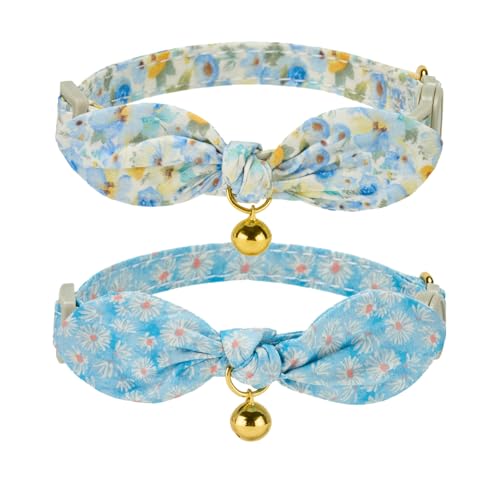 2 Pack Cotton Cat Collar, Removable Bowtie, Floral Pattern, Safety Breakaway Clasp, Adjustable for Cats.(Adult Cat, Blue Daisy and Floral) - color: Blue+Blue