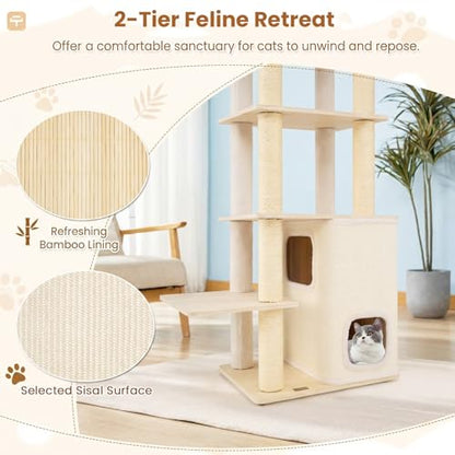 Tangkula Tall Cat Tree, 63 Inch Multi-Level Wood Cat Tower with Sisal Scratching Posts & Mat, 2-Story Condo, Plush Padded Top Perch, Dangling Ball, Modern Cat Tree Tower for Indoor Cats Large Adult - size: 63 Inch