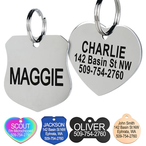 GoTags Stainless Steel Pet ID Tags, Personalized Dog Tags and Cat Tags, up to 8 Lines of Custom Text, Engraved on Both Sides, in Bone, Round, Heart, BowTie and More (Ranger Badge, Regular (Pack of 1)) - size: Regular (Pack of 1), style: Ranger Badge
