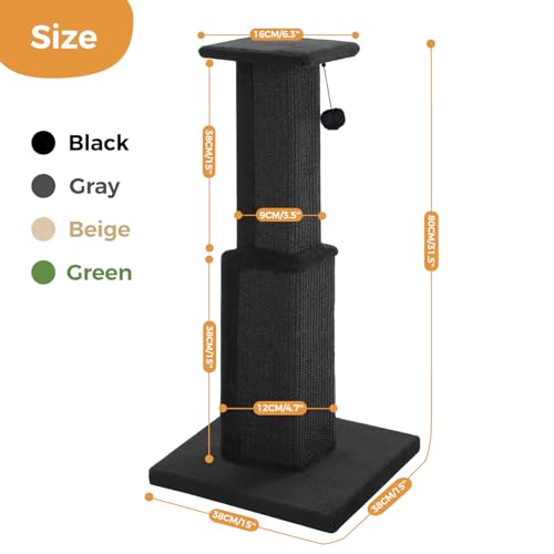 PAWZ Road Large Cat Scratching Post 32” Tall Black Scratching Post for Indoor Cats Adults Ultimate Scratch Post with Woven Sisal, Large Base and Removable Dangling Ball- Black - color: Dark Black