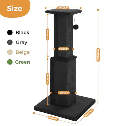 PAWZ Road Large Cat Scratching Post 32” Tall Black Scratching Post for Indoor Cats Adults Ultimate Scratch Post with Woven Sisal, Large Base and Removable Dangling Ball- Black - color: Dark Black
