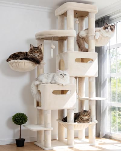 Heybly Cat Tree, 74.8-Inch Spacious & Tall Cat Tower for Large Cats, Cat Furniture with Large Top Perch, Solid Base, 2 Cat Condos, Hanging Hammock, Durable Sisal Scratching Posts, Beige HCT062M - color: Beige
