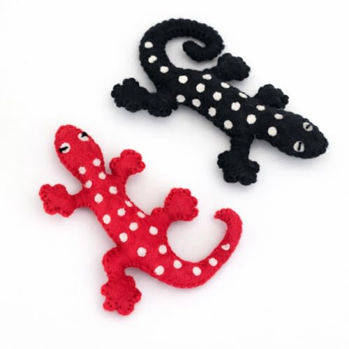 Glaciart One Felt Lizard Cat Toy – 2 Pcs | Soft Fuzzy Enrichment 100% Natural Wool - Interactive Catnip Play Cat Toy Set - Safe for Pets, Non-AZO Colored Dyes - color: Lizards (Red and Black)