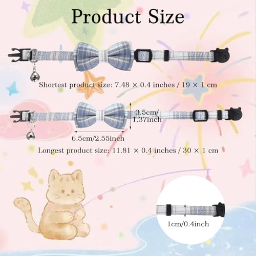2 PCS Cat Collar with Bow Breakaway Bowtie Safety with Bell Cat Bow Tie Collar Cute Boy Kitten Collars Plaid Pet Collars Adjustable Safety Quick Release Cats for Kitten Cats (Blue)