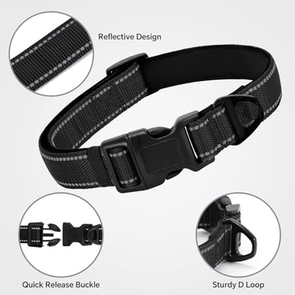 Reflective Dog Collar with Quick Release Buckle - Metal Ring - Adjustable Soft Neoprene Padded Basic Dog Collar for Small Medium Large Dogs (Black, Large :Width 1",Neck 15.7-23.6") - color: Black, size: Large