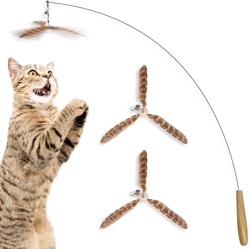 SunGrow Brown Feather Wand, Interactive Indoor Cat Toy with 1 Fishing Pole (34”) and 3 Feather Teasers (7”), Flexible Rod, Feline Fitness and Entertainment, 1 Set Per Pack