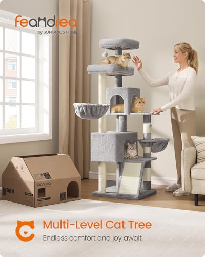 Feandrea Cat Tree, 68.5-Inch Tall Cat Tower, Multi-Level Plush Condo with Large Perch, Scratching Posts, Double Caves, Dove Gray UPCT006G01 - color: Dove Gray
