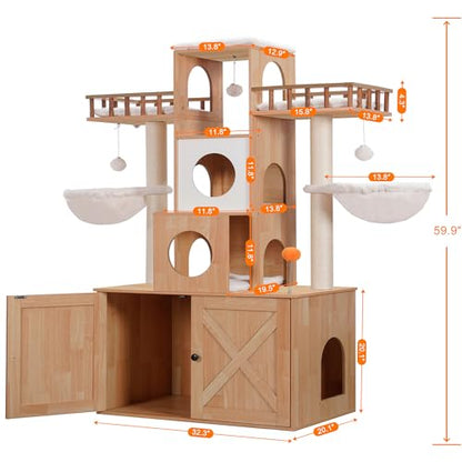 Heybly Cat Tree with Litter Box Enclosure for Indoor Big Cat, Cat Tower for Large Cats 20lbs Heavy Duty, Modern Cat Condo Furniture with Scratching Posts, Walnut HCT110WB - color: Walnut