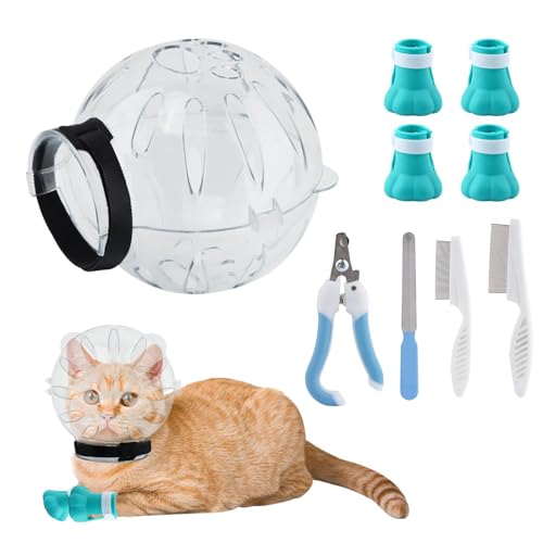 Quixleen Cat Helmet for Grooming Cat Bubble Muzzle Cat Muzzle with 4 Boots Paw Covers 2 Lice Combs 2 Pet Nail Clipper for Cats Grooming Bathing Shaving Nail Trimming