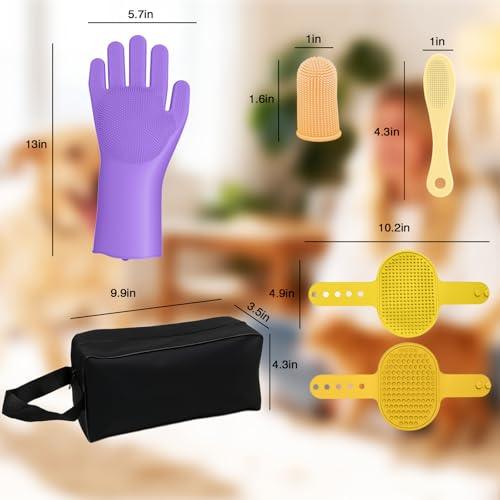 7PCS Dog Bath Brush | Pet Grooming Gloves | Storage Bag | Soothing Massage Rubber Comb with Adjustable Ring Handle | Pet Bathing For Dogs and Cats (Lavender Purple) - color: Lavender Purple