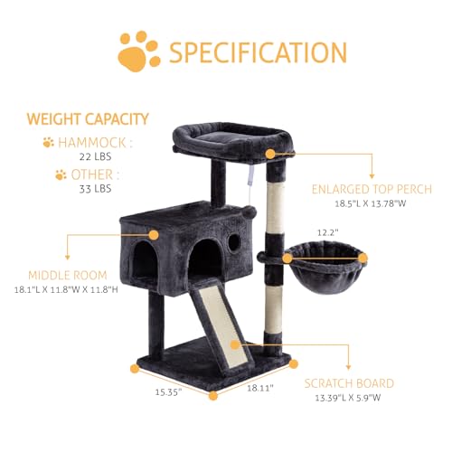 SHA CERLIN Cat Tree 36 Inches Cat Tower with Hammock, Sisal Scratching Post for Indoor Kittens, Small Room, Smoky Grey - color: SMOKY GREY
