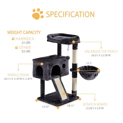 SHA CERLIN Cat Tree 36 Inches Cat Tower with Hammock, Sisal Scratching Post for Indoor Kittens, Small Room, Smoky Grey - color: SMOKY GREY