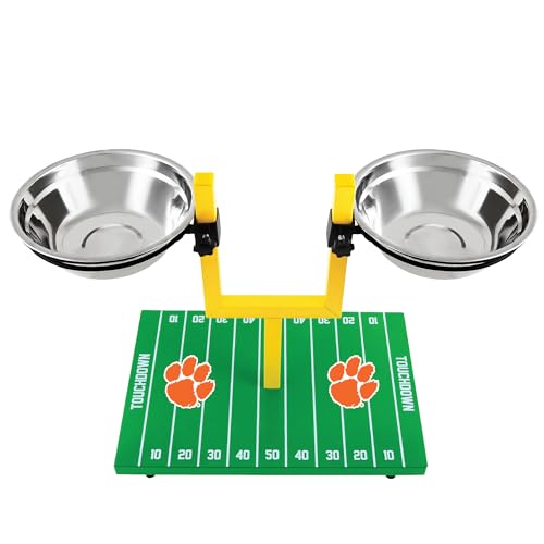 NCAA Clemson Tigers Goalpost Football Field Dog Feeder – Adjustable Elevated Dog Bowls with Stand, 2 Stainless Steel Bowls, Non-Slip Rubber Feet, Raised Pet Feeder for Large & Small Dogs - color: Clemson Tigers