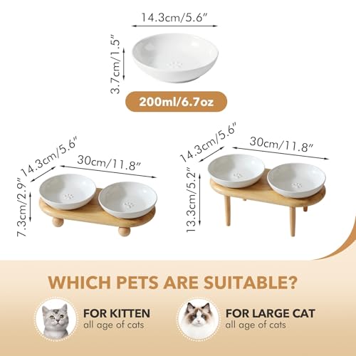 Havniva Cat Bowls Elevated 5.6” Ceramic Cat Bowl with Stand Whisker Friendly Cat Dishes, Cat Food & Water Bowl Set with Two Heights Options, Raised Cat Food Plates for Kitten Anti-Slip Pet Bowls - color: 2 Bowls+Stand- White