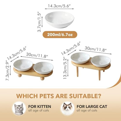 Havniva Cat Bowls Elevated 5.6” Ceramic Cat Bowl with Stand Whisker Friendly Cat Dishes, Cat Food & Water Bowl Set with Two Heights Options, Raised Cat Food Plates for Kitten Anti-Slip Pet Bowls - color: 2 Bowls+Stand- White