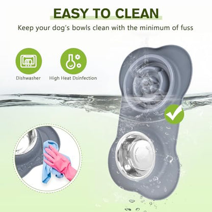 Pecute Slow Feeder Dog Bowls to Slow Down Eating, Dog Bowl Slow Feeder with No-Spill Non-Skid Silicone Mat, Food-Grade Safe Dog Food Bowls Slow Feeder, Stainless Steel Dog Water Bowl for Dogs Cats - size: Large-2 Cup/17 oz each