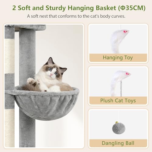 Globlazer 72in Heavy Duty Cat Tree Tower for Large Adult Cats, Multi-Level Cat Condo Stand with 2 Cozy Baskets & 6 Sisal Scratching Posts, S72E, Light Grey - color: Light Grey