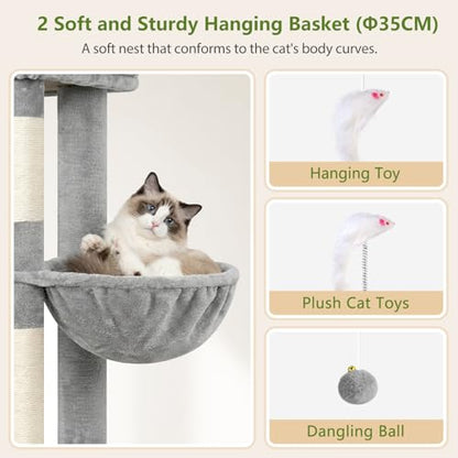 Globlazer 72in Heavy Duty Cat Tree Tower for Large Adult Cats, Multi-Level Cat Condo Stand with 2 Cozy Baskets & 6 Sisal Scratching Posts, S72E, Light Grey - color: Light Grey