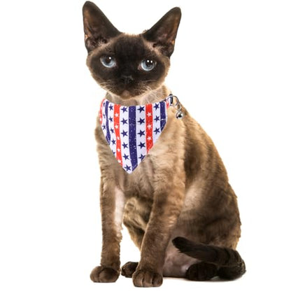 Lamphyface American Flag Cat Collar with Bell Bandana Star Adjustable 4th of July Breakaway Cat Kitten Collars for Independence Day - color: 4th of July-3-bandana