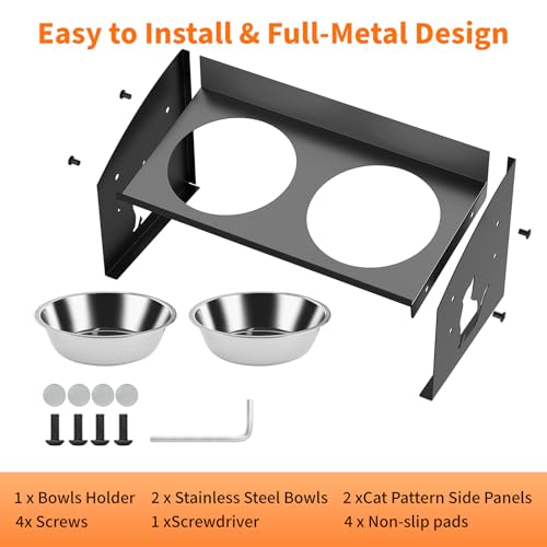 Elevated Cat Bowls with Splash Proof, 12°Tilted No Spill Raised Cat Food Water Bowls Set, Stainless Steel Pets Dishes with Adjustable Cute Metal Stand for Indoor Kitten Puppy, Anti-Vomiting