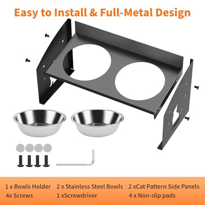 Elevated Cat Bowls with Splash Proof, 12°Tilted No Spill Raised Cat Food Water Bowls Set, Stainless Steel Pets Dishes with Adjustable Cute Metal Stand for Indoor Kitten Puppy, Anti-Vomiting
