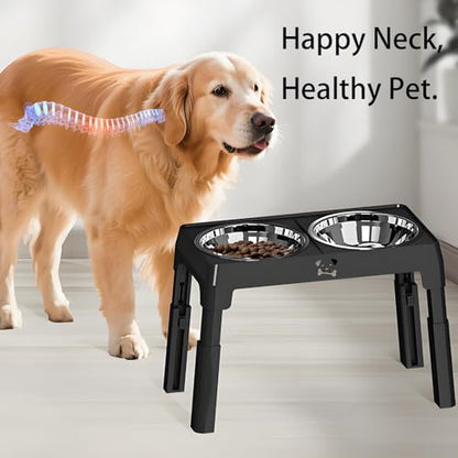 Elevated Dog Bowls Stand 5 Height Adjustable, Raised Dog Feeder with 2 Thick 50oz Stainless Steel Bowls, Non-Slip Pet Food Station for Medium & Large Breeds (Black)
