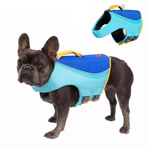 Tuff Pupper Dog Life Jacket | High Buoyancy Dog Swim Vest with Rescue Handle | Adjustable Secure Fit | Reflective Safety Trim | Pet Flotation Jacket for Swimming Boating Kayaking (Blue/Yellow, XS) - size: X-Small