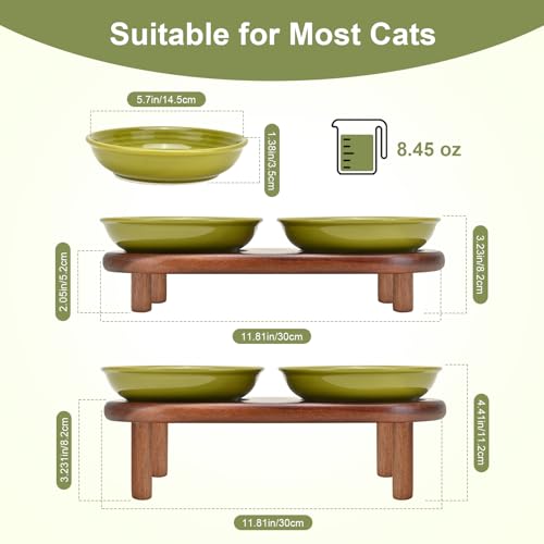 SPUNKYJUNKY Shallow Elevated Cat Bowl with Acacia Wood Stand Wide Raised Ceramic Cat Dishes Whisker Friendly Pet Food and Water Plates (Striped Pattern, Green) - color: Green