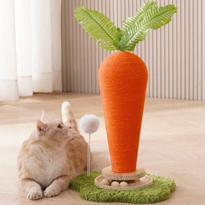Cute Cat Scratching Post, Carrot Cat Scratcher Post with Durable Natural Wooden Turntable Toy and Catnip, 24'‘ H Carrot Shape Design Sisal Cat Tree Sisal Scratcher for Indoor Cats (Cloud Base) - color: Carrot