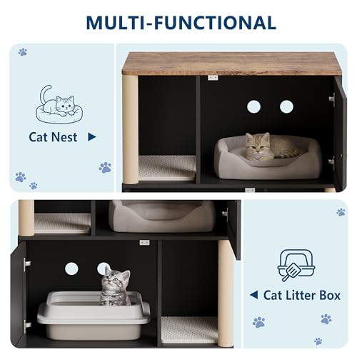 Garvee Cat Litter Box Enclosure for 2 Cats, Double Hidden Litter Box Furniture Cabinet with 2 Scratch Mat and Scratch Post, Modern Farmhouse Wooden Enclosed Cat Washroom, End Side Table