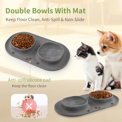 Small Size Puppy Dog Bowls: Food and Water Bowls Set for Small Dogs, No-Spill Non-Skid Dog Dish, Grey - color: Grey