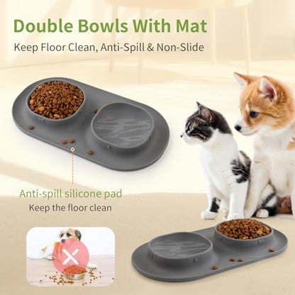Small Size Puppy Dog Bowls: Food and Water Bowls Set for Small Dogs, No-Spill Non-Skid Dog Dish, Grey - color: Grey