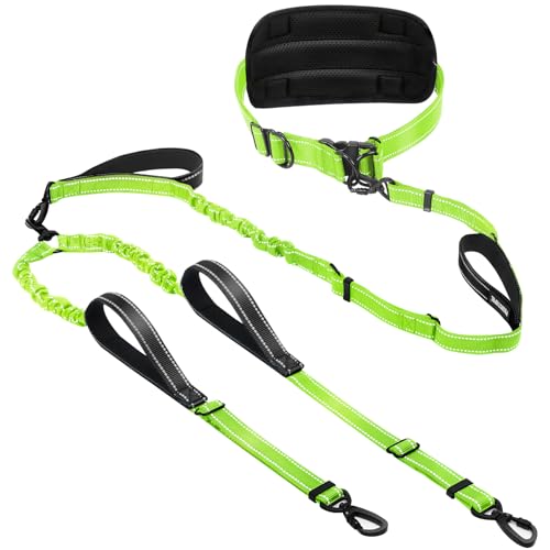 Hands Free Leash for 2 Large Dogs, No Tangle Waist Walking Bungee Leash, 6-8 FT Dual Dog Leashes(50-150 lbs) - color: 2 Dog – Forest Glow