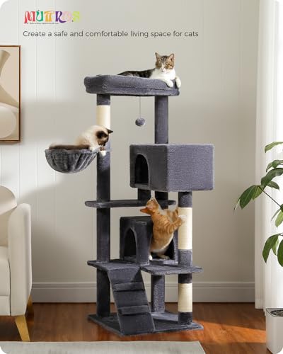 MUTTROS Cat Tree for Large Cats Adult with Super Large Top Perch, 56.3" Tower with Plush Hammock, Shelves and Dangling Pompom, Scratching Posts and 2 Condos House, Dark Gray - color: Dark Gray, size: 56.3inch
