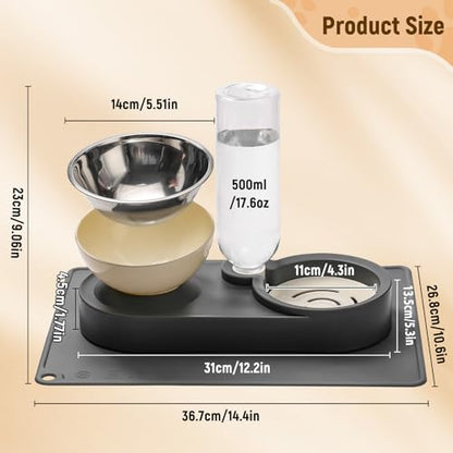 2-in-1 Dog Bowl, Elevated Cat Food and Water Bowl with No-Spill Mat, 15° Tilt Stainless Steel Dish + 500ml Leak-Proof Bottle, Easy Clean Design (Dry/Wet Food & Water)