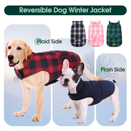 Kuoser Reversible Winter Coat, British Style Jacket for Small Medium Dogs - Warm, Windproof Puppy Cold Weather Vest, Red M - color: Red+Blue, size: M (Chest Girth: 17.3-20.9'')