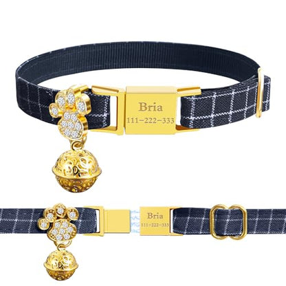 Personalized Breakaway Cat Collars - Magnetic Buckle, Bell - Safety Quick Release, Customized for Girls & Boys Cats- (Checkered-Navy) - color: Checkered-Navy