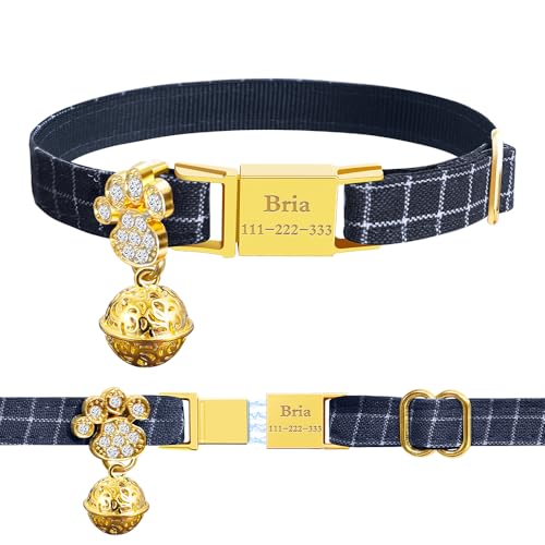 Personalized Breakaway Cat Collars - Magnetic Buckle, Bell - Safety Quick Release, Customized for Girls & Boys Cats- (Checkered-Navy) - color: Checkered-Navy
