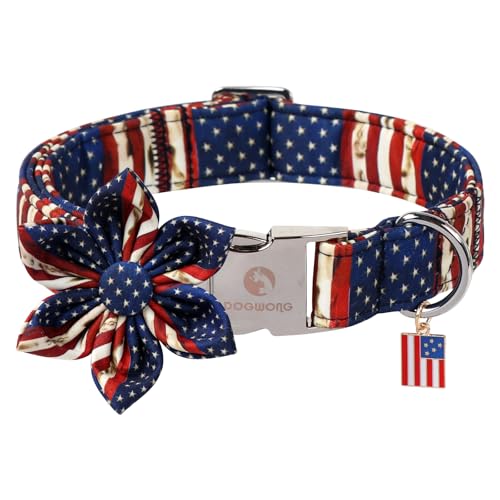 DOGWONG Ameirican Flag Dog Collar with Flower - Independence Flower Dog Collars, Adjustable Patriotic Pet Collars 4th of July Dog Collar for Small Medium Large Dogs - color: American Flag Flower, size: XS