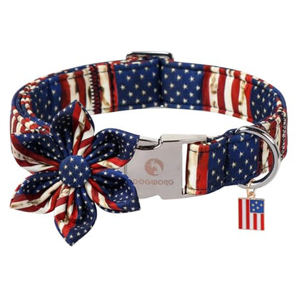 DOGWONG Ameirican Flag Dog Collar with Flower - Independence Flower Dog Collars, Adjustable Patriotic Pet Collars 4th of July Dog Collar for Small Medium Large Dogs - color: American Flag Flower, size: XS
