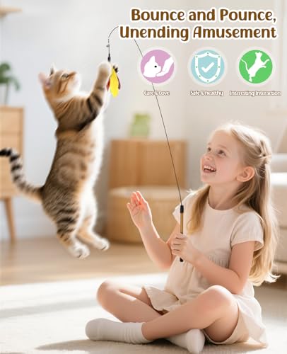 Pawaboo Feather Teaser Cat Toy, Interactive Feather Wand Cats Toy Flying Feathers Cat Catcher with Extra Long 34.5" Wand and Small Bell, Exerciser Playing Toys for Kitten or Cats, Yellow + Red Brown - color: Yellow + Red Brown