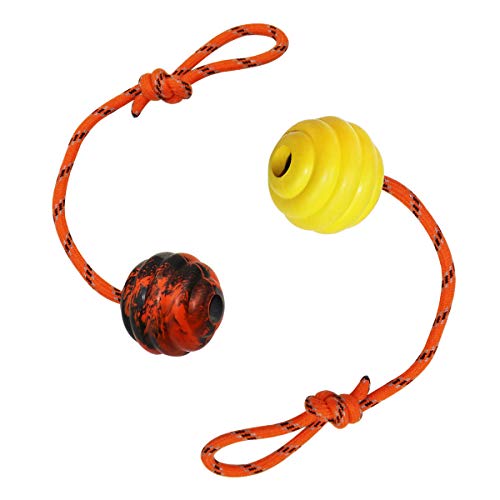 K9 Training Ball with Rope, Exercise and Reward Toy for Dogs - Indestructible Dog Toy Ball with Handle for Training Pull, Throw, Tug - Belgian Malinois Gifts - color: Orange and Yellow