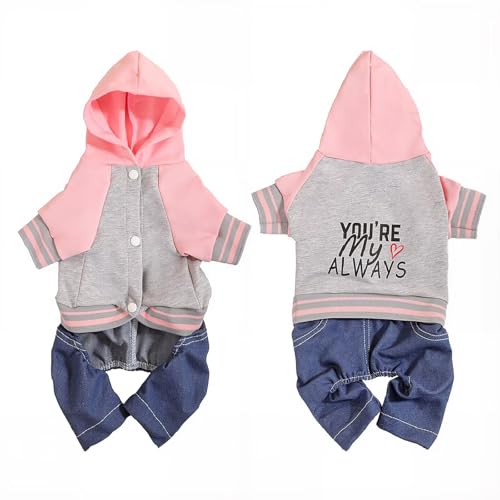 Stylish Printed Dog Hoodie - Windproof Denim Suit with snap Buttons, Cozy Fall Baseball Outfit for Small & Medium Puppies - Hooded pet Clothes for boy & Girl Dogs - color: Pink, size: Large