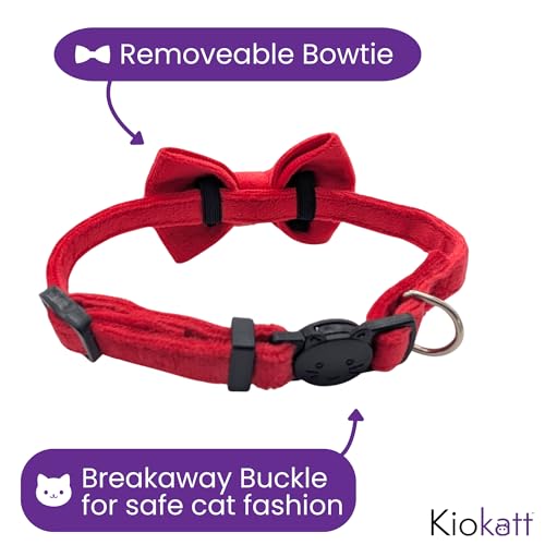 Velvet Red Bow Cat Collar with Breakaway Safety Buckle, Adjustable Fit for Adult Cats - color: Red